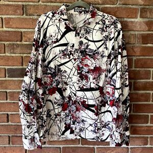 Zeroyaa Floral Button Up Printed Shirt White Black XXL